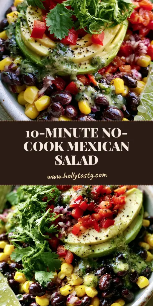 A close-up vertical shot of a vibrant black bean and corn salad with thick avocado slices and creamy dressing in a white bowl. (black bean and corn salad)