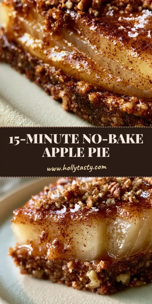 A close-up vertical shot of a Raw vegan apple pie slice showing the walnut crust and translucent apple layers with cinnamon glaze.
