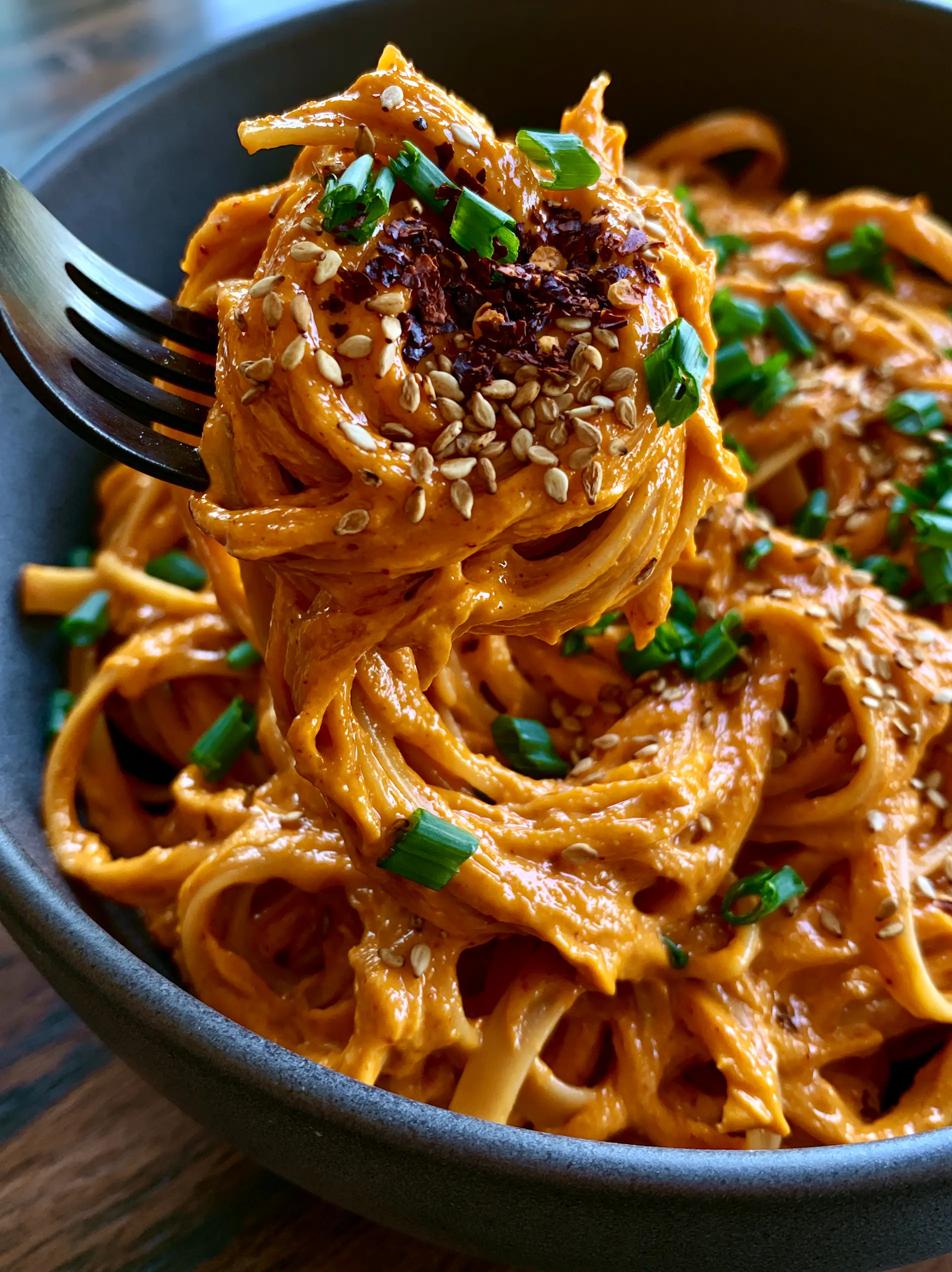 Top-down view of a fork twirling glossy Gochujang Pasta in a charcoal bowl.