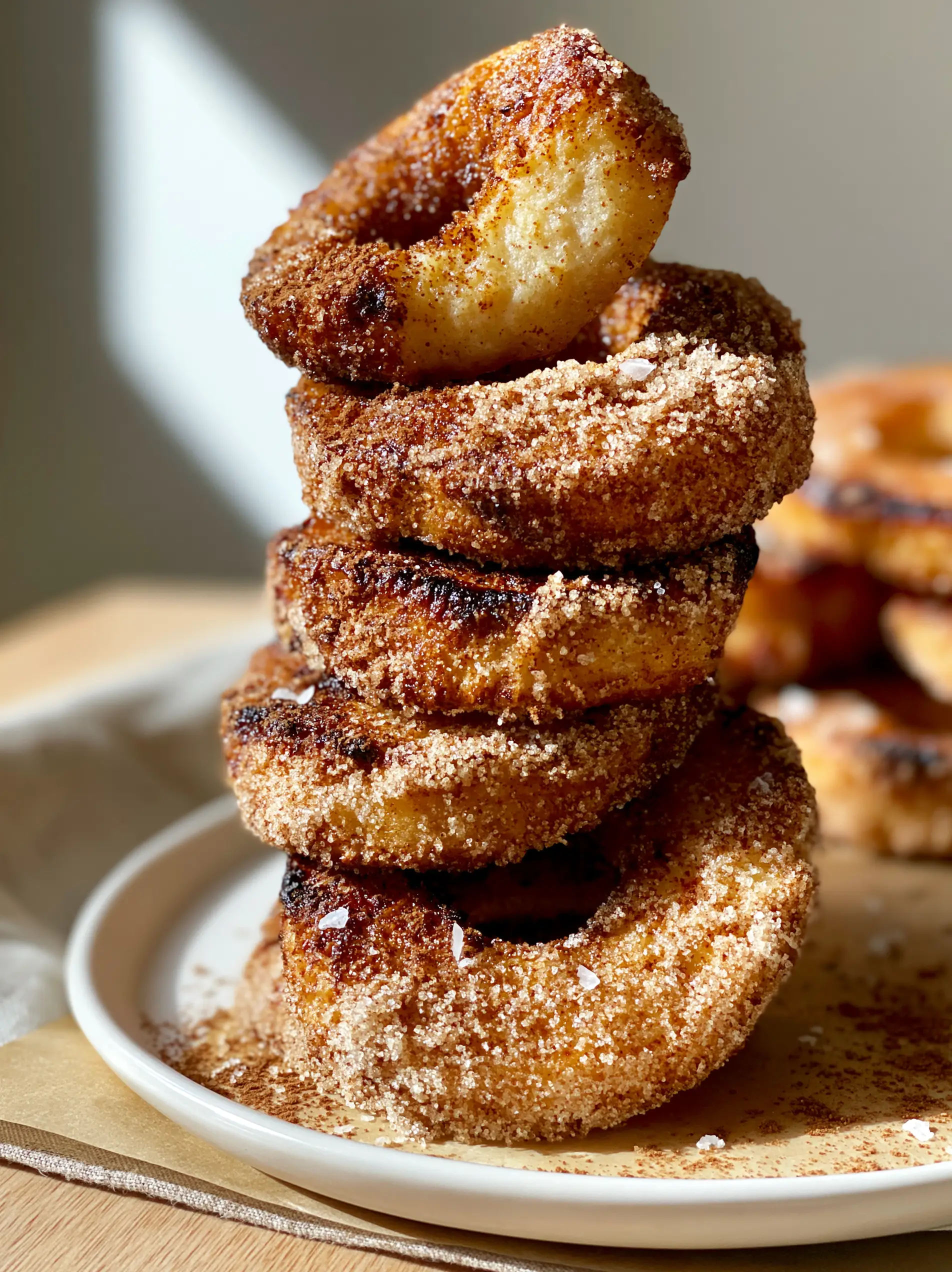 A tall stack of air fryer cinnamon apple rings showing the soft interior of the top ring and sparkling sugar crust.