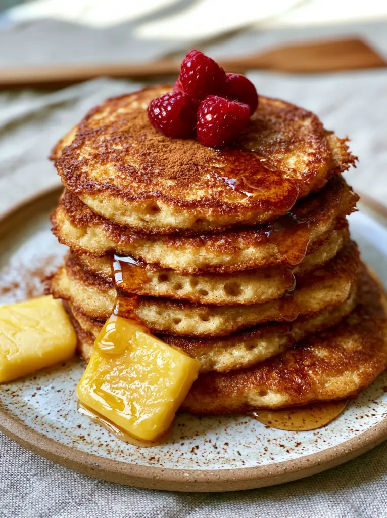 A smartphone photo of Paleo pancakes on a linen tablecloth with a soft focus background.