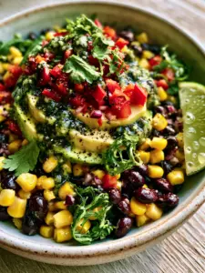 Top-down view of a matte white bowl filled with black bean and corn salad topped with avocado slices and fresh cilantro. (black bean and corn salad)