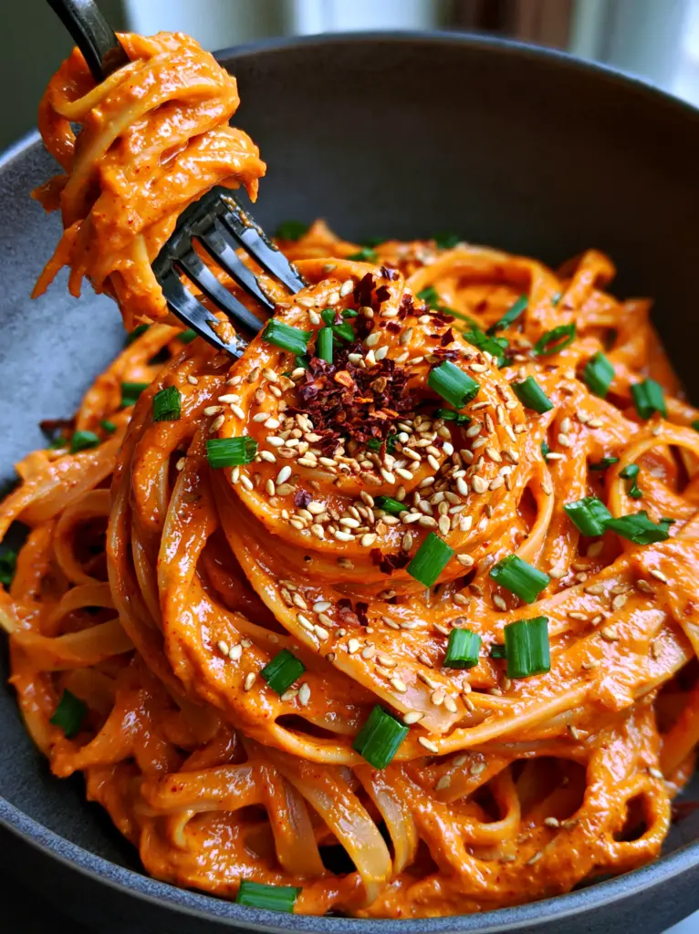 Extreme close-up of fettuccine coated in vibrant orange-pink gochujang cream sauce.