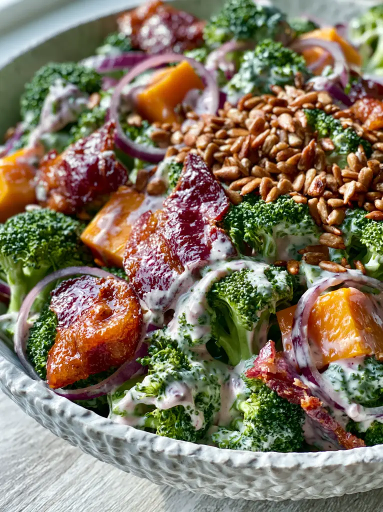 Top view of cold broccoli salad with sharp orange cheddar cubes and toasted sunflower seeds scattered on top.
