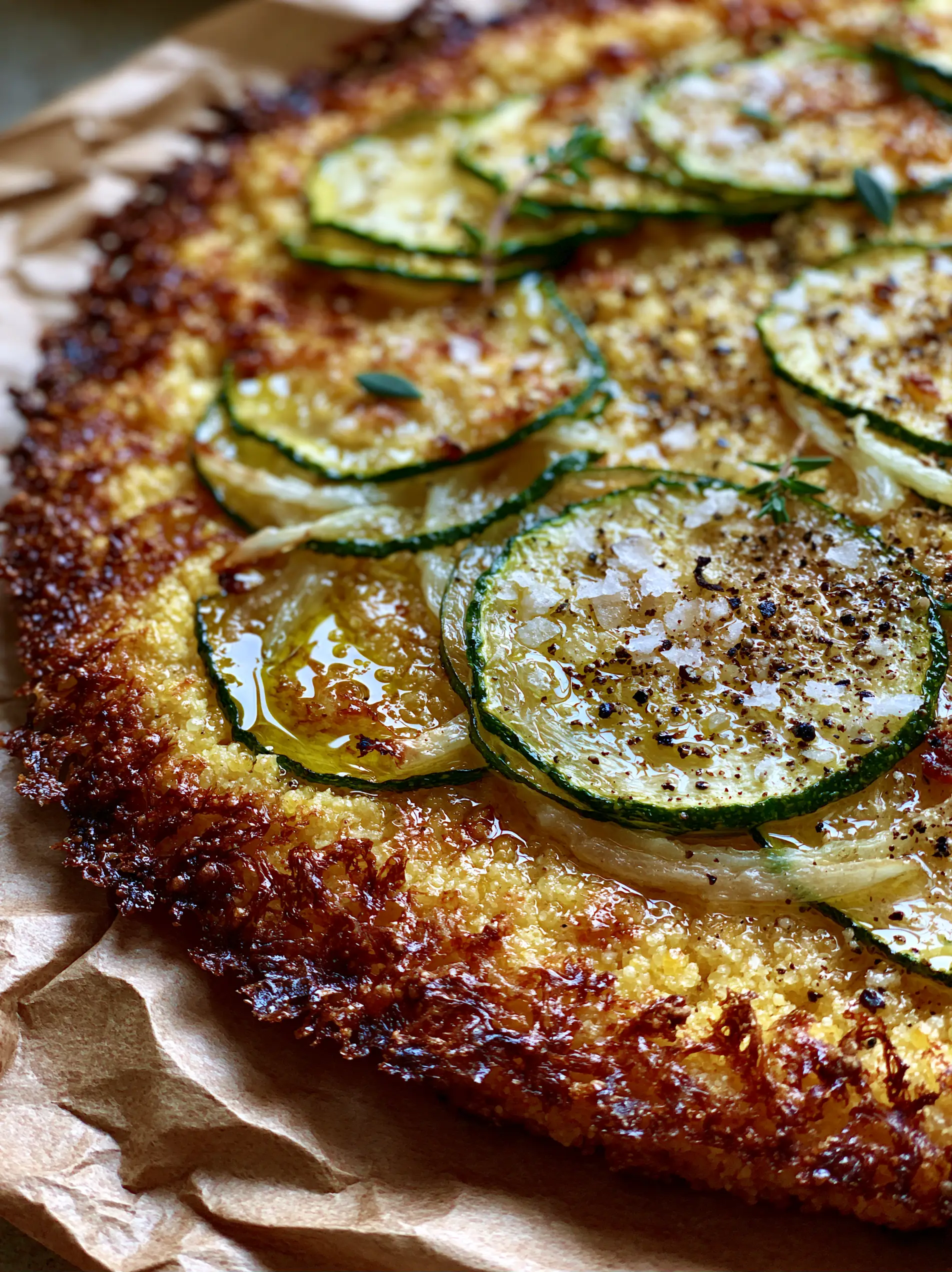 Extreme close-up of blistered caramelized edges and translucent zucchini rounds in a cornmeal crust. (zucchini scarpaccia)
