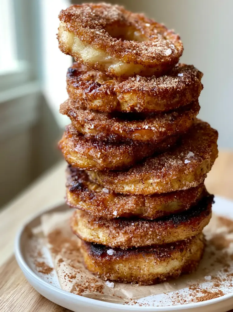 Close-up of air fryer cinnamon apple rings on parchment paper with morning sunlight highlighting the sugar grains.