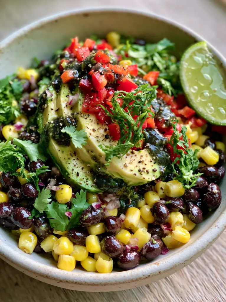 Angled close-up of creamy cilantro lime dressing drizzled over black beans, yellow corn, and red bell peppers.