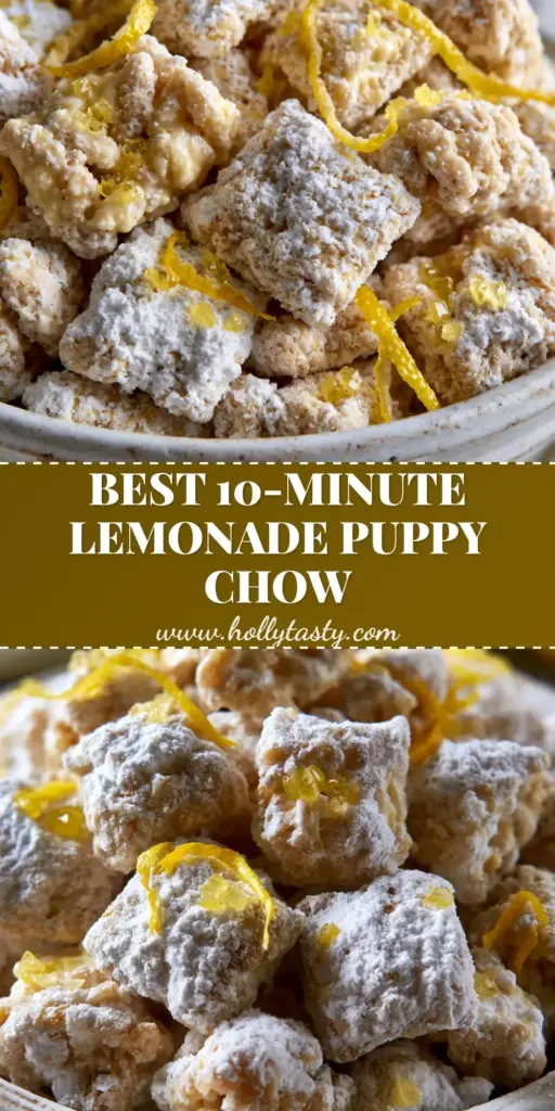 A close up photo of lemonade puppy chow in a white bowl with lemon zest ribbons and yellow sugar crystals.