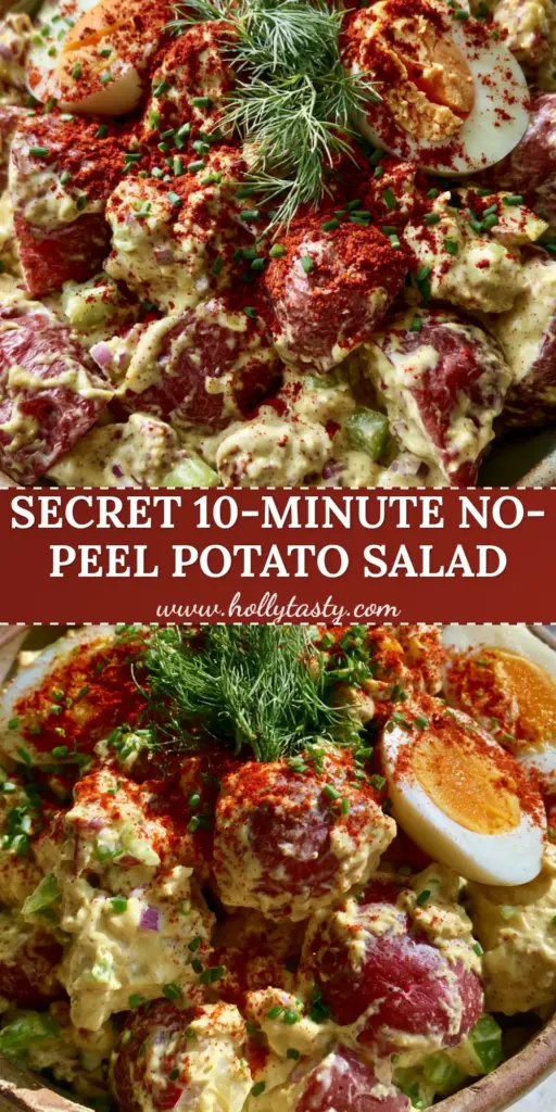 A rustic bowl of chunky southern potato salad with red skins, jammy eggs, and fresh dill. (southern potato salad)