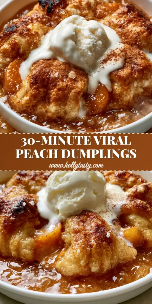 A ceramic dish filled with golden-brown Peach Dumplings in a bubbling amber caramel sauce, topped with melting vanilla ice cream and a dusting of cinnamon.