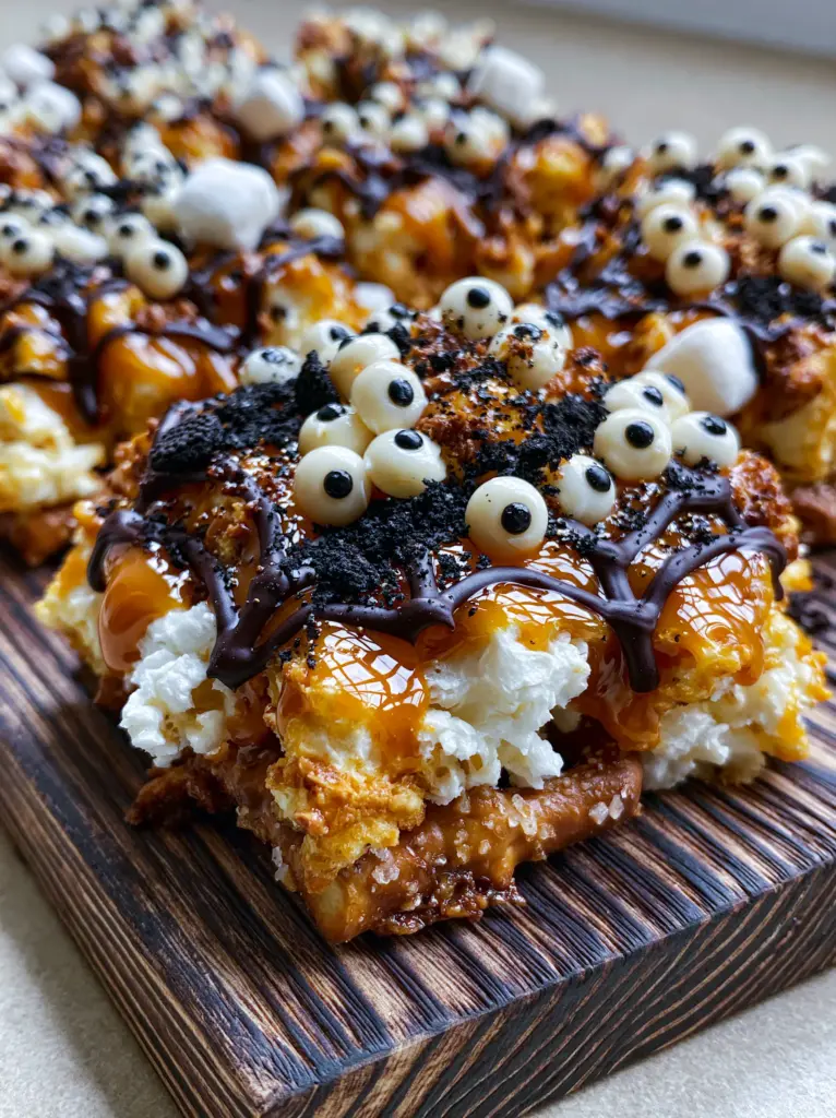 Spooky Halloween snack board with dark chocolate spiderwebs and candy eyes.