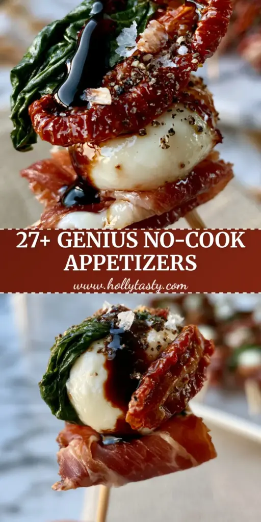 A close-up vertical shot of Mediterranean grazing skewers with prosciutto, mozzarella, and sun-dried tomatoes (cold appetizers).