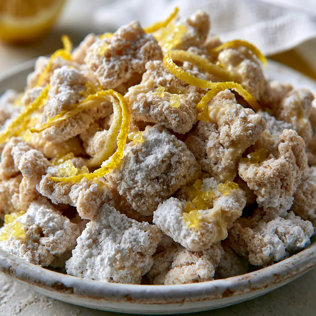 High resolution shot of lemonade puppy chow piled in a rustic bowl with bright natural lighting.