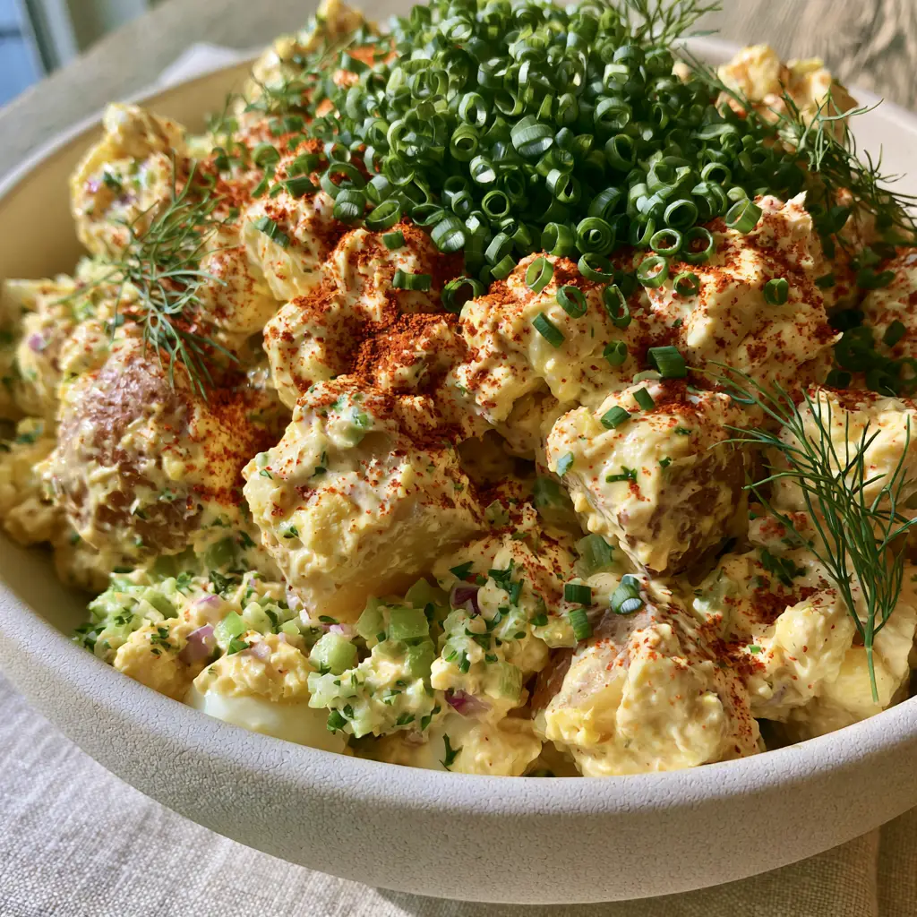 Close-up of Southern Potato Salad in a white bowl showing the velvety pale-yellow dressing and chunky hard-boiled eggs with fresh chives. (Southern Potato Salad)