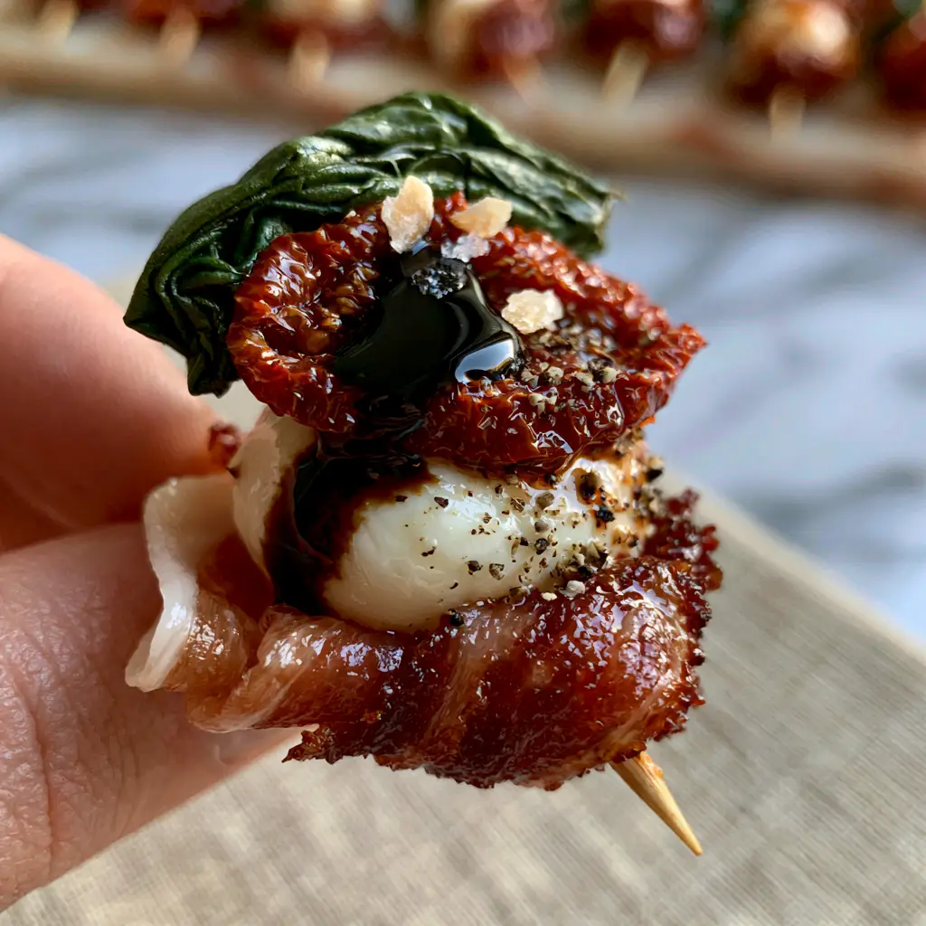 Handheld smartphone photo of a Mediterranean grazing skewer over a linen table (cold appetizers).