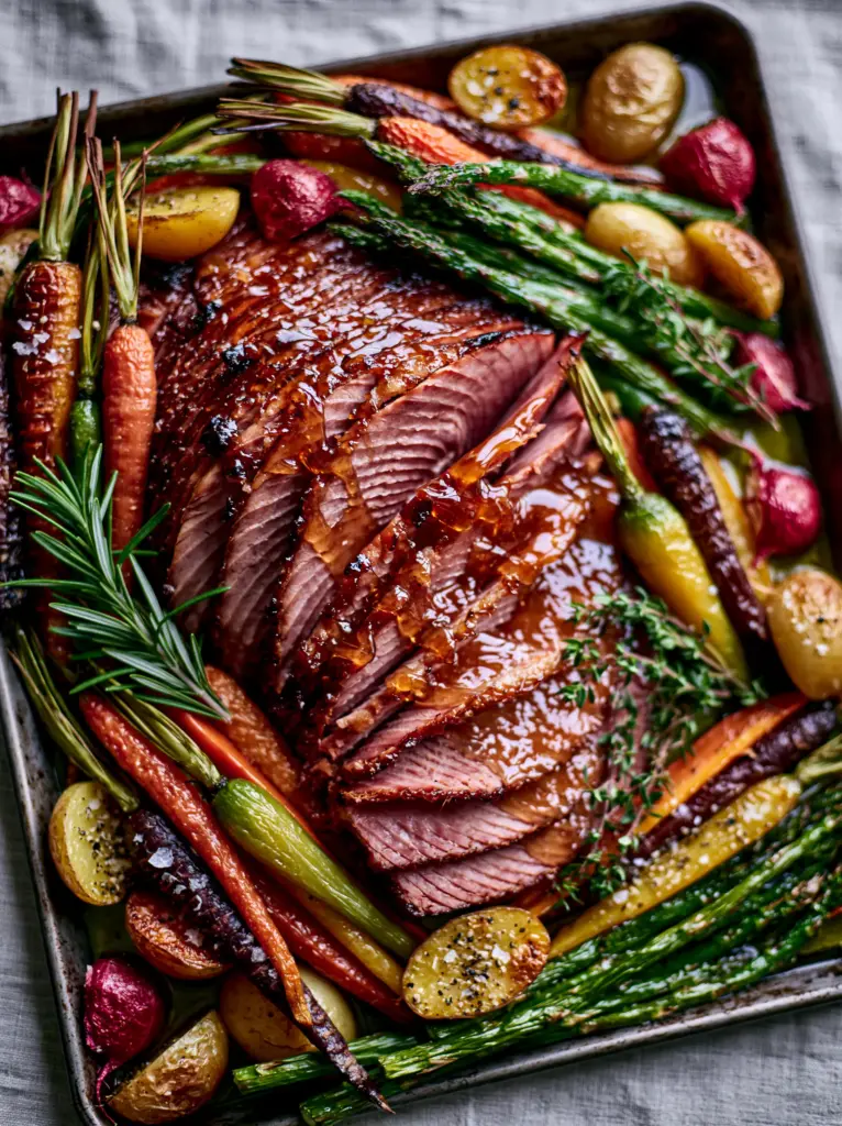 A dense sheet pan Easter dinner overflowing with roasted potatoes, radishes, carrots, and herbs.