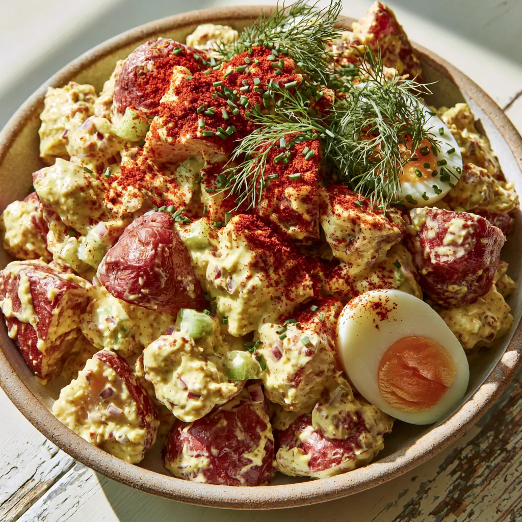 Detailed view of southern potato salad topped with chives and a heavy dusting of smoked paprika.