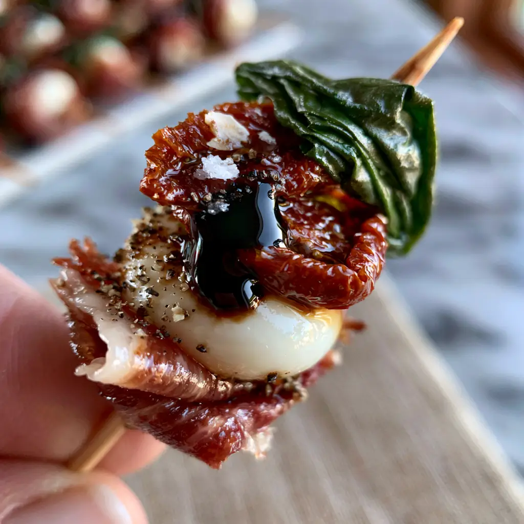 Detailed shot of a balsamic glaze drizzle on a buffalo mozzarella pearl (cold appetizers).