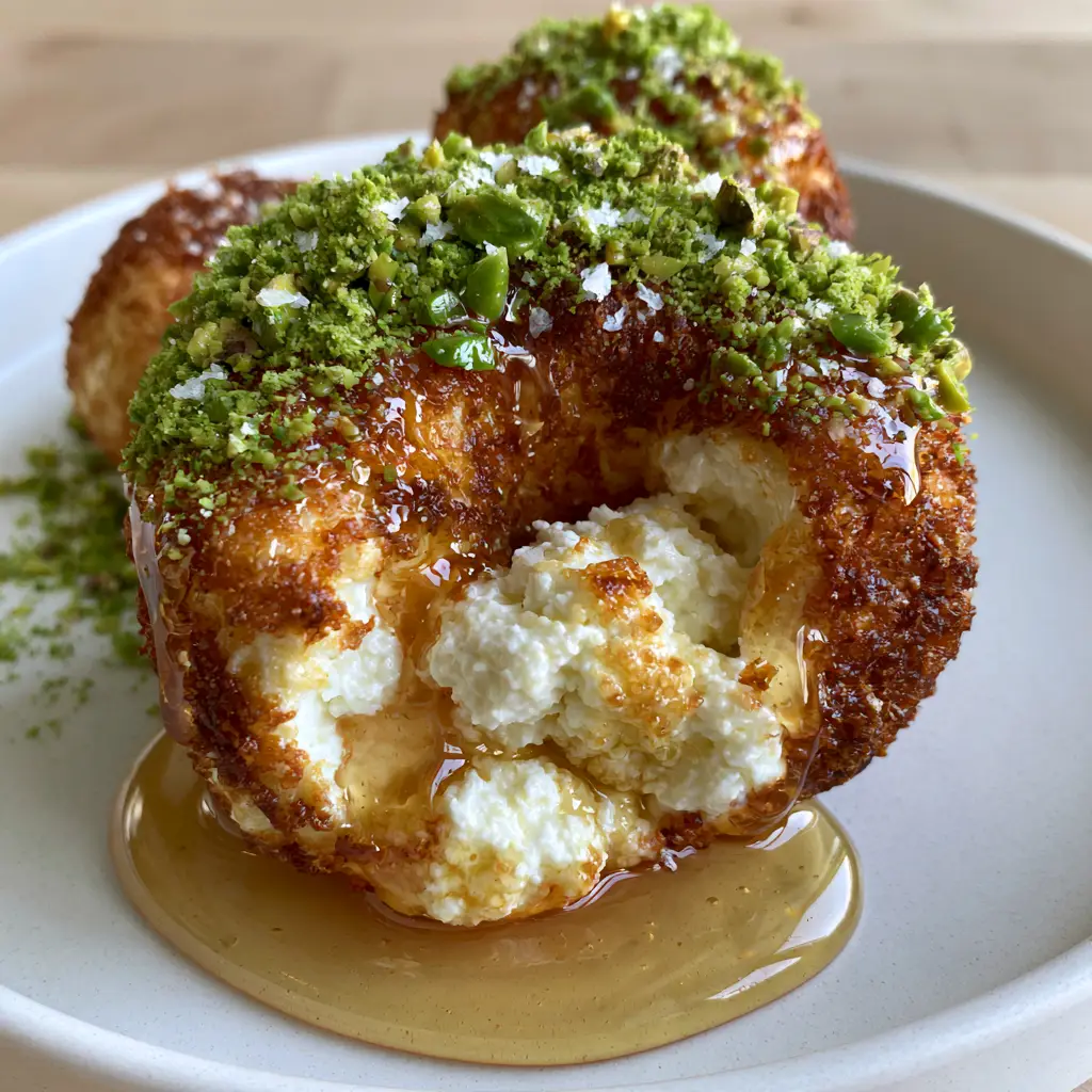 Close up of viscous amber honey drizzling over vibrant emerald green pistachios on a fried ricotta bite.