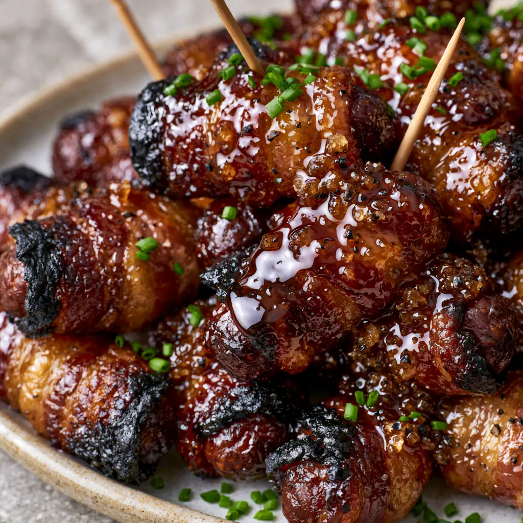 A close-up view of sticky candied smokies secured with wooden toothpicks and sprinkled with bright green chives. (bacon wrapped little smokies)