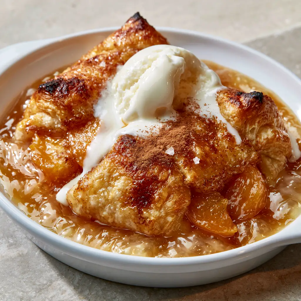 Melted vanilla ice cream cascading over warm Peach Dumplings with sugar crystals and ground cinnamon sparkling on the crust.