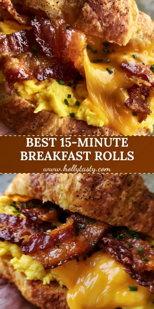 A close-up shot of Bacon, egg, and cheese crescent rolls showing the flaky golden-brown crust and a dramatic melted cheddar cheese pull with crispy bacon.