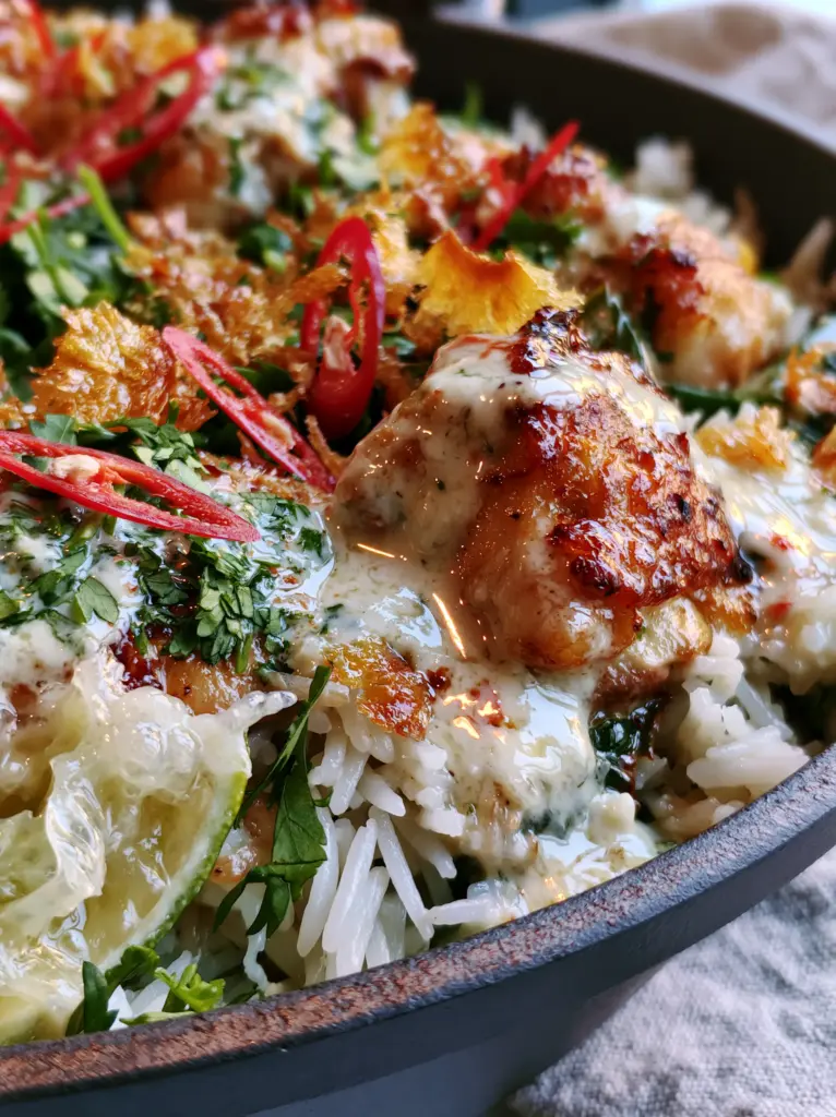 Close-up of fluffy jasmine rice partially absorbing a creamy white coconut sauce in a black cast iron pan. (Coconut Chicken Rice Bowl)