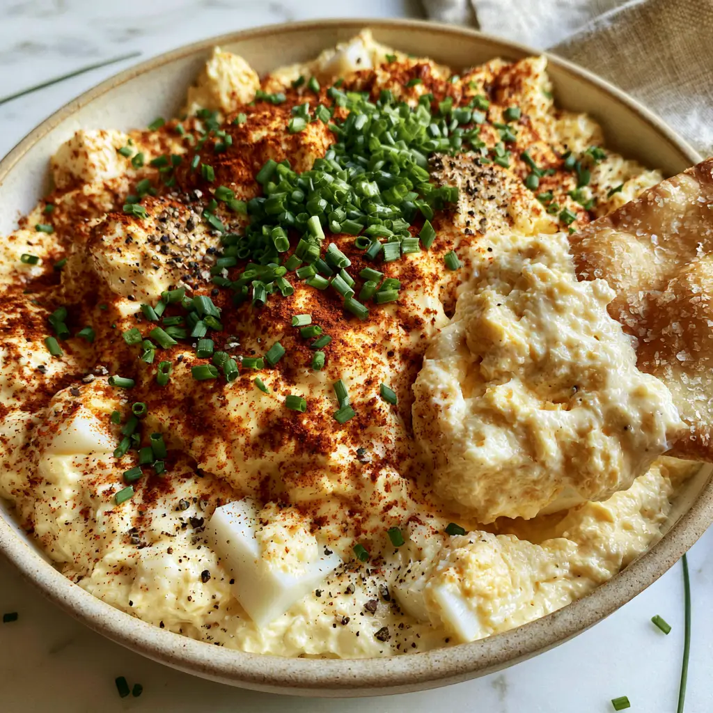 A smartphone photo of a wide shallow bowl filled with chunky Deviled Eggs Dip on a marble countertop.