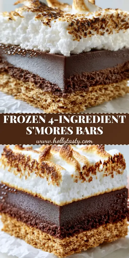 A thick Frozen s'mores bar with a graham cracker base, dark chocolate ganache, and charred marshmallow fluff being held in a bright kitchen. (Frozen s'mores)