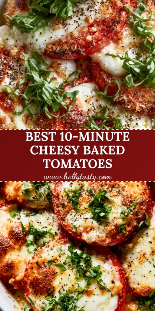 A rustic ceramic dish filled with Baked tomatoes with cheese, featuring blistered skins, bubbly mozzarella, and a golden toasted parmesan crust garnished with basil.
