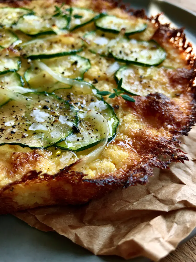 A high-angle shot showing the grainy cornmeal texture and fresh thyme leaves on a zucchini scarpaccia.
