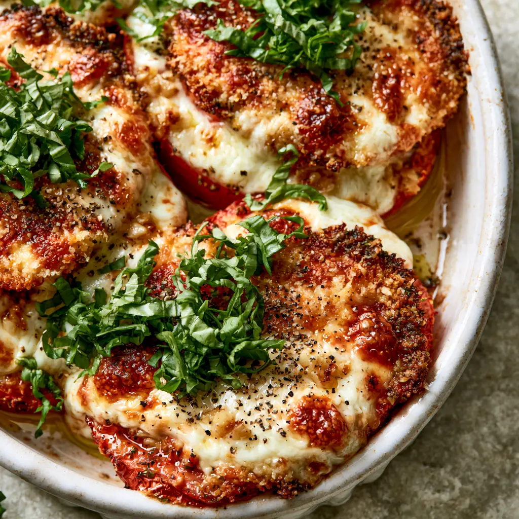 Extreme close-up of Baked tomatoes with cheese showing the texture of bubbly melted mozzarella and golden toasted parmesan crust.
