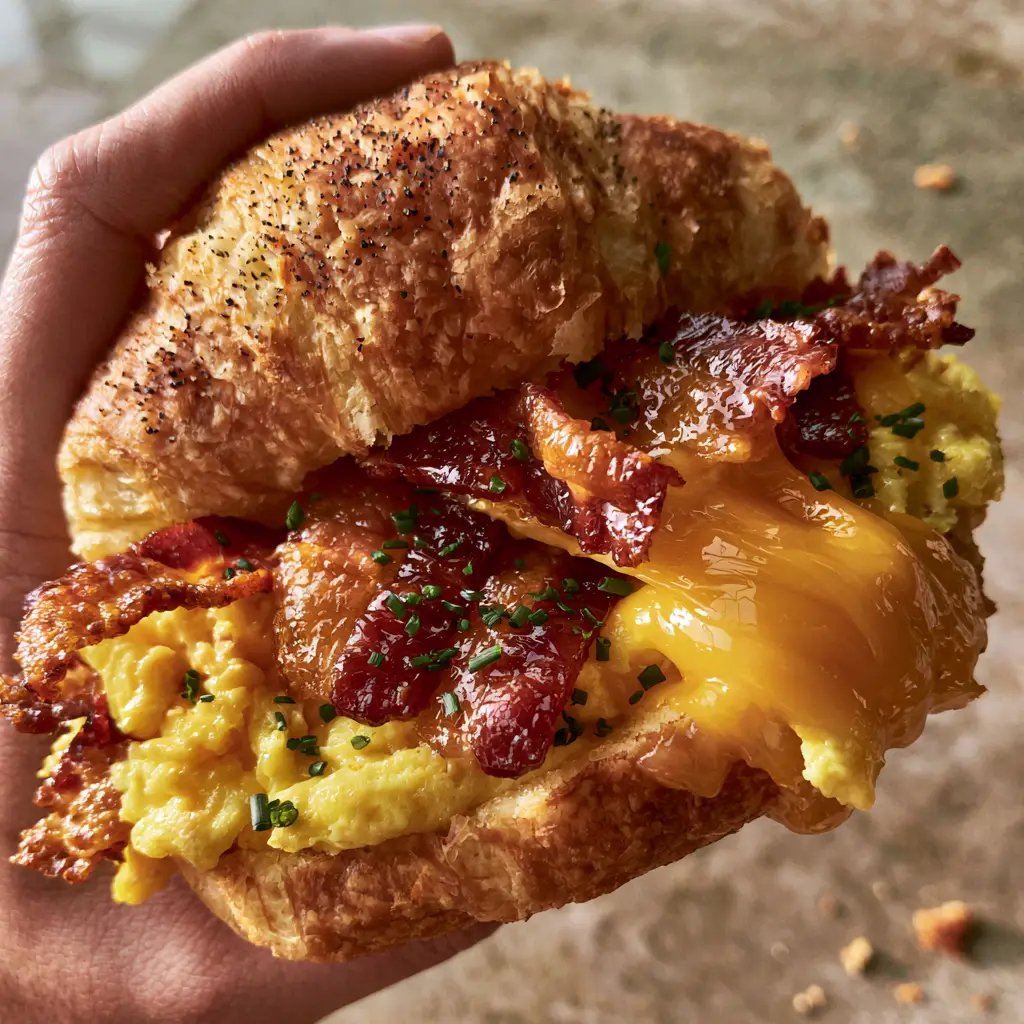 Detailed view of the inside of a Bacon, egg, and cheese crescent roll featuring soft yellow scrambled eggs and glistening thick-cut bacon.