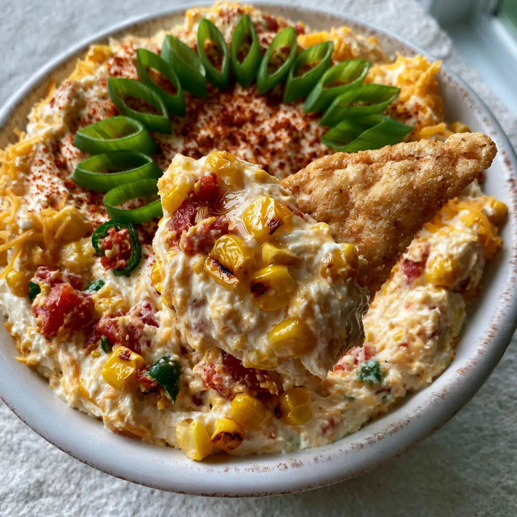 High-angle smartphone photo of a rustic bowl filled with chunky Corn Dip featuring charred corn and cheddar cheese.