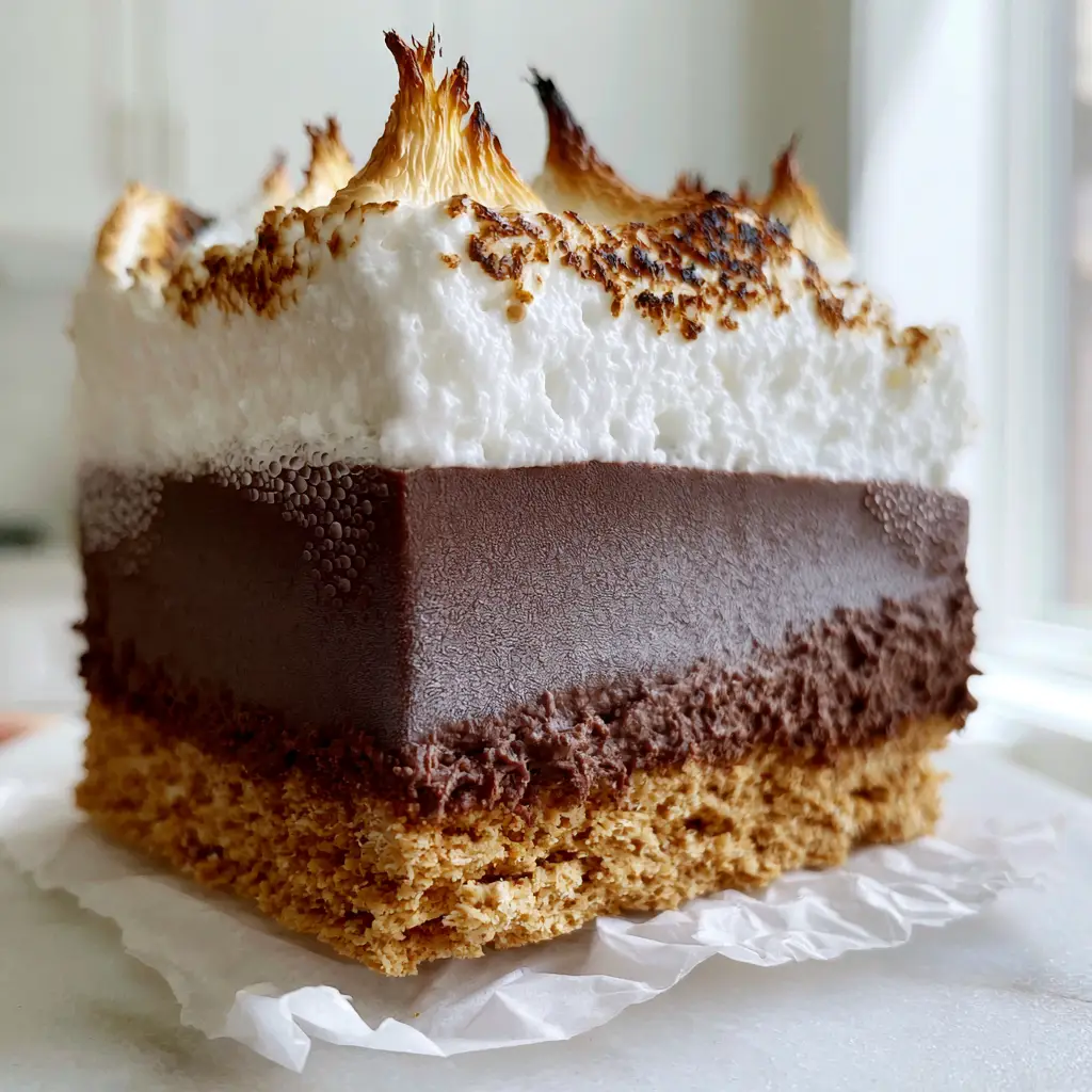 Macro shot of toasted marshmallow fluff with charred peaks on top of a Frozen s'mores bar.