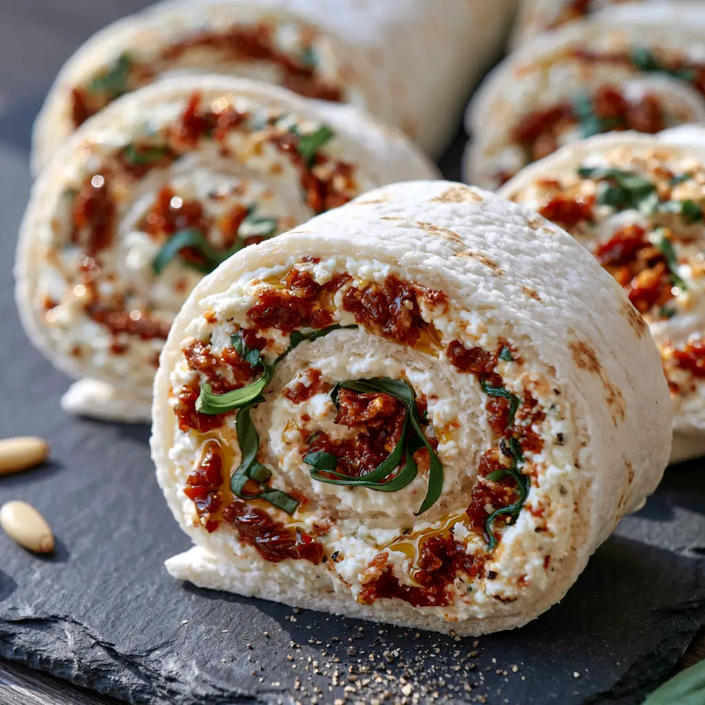 Close-up of Mediterranean sun-dried tomato basil roll-ups showing oil-glistening tomatoes and creamy goat cheese spirals.