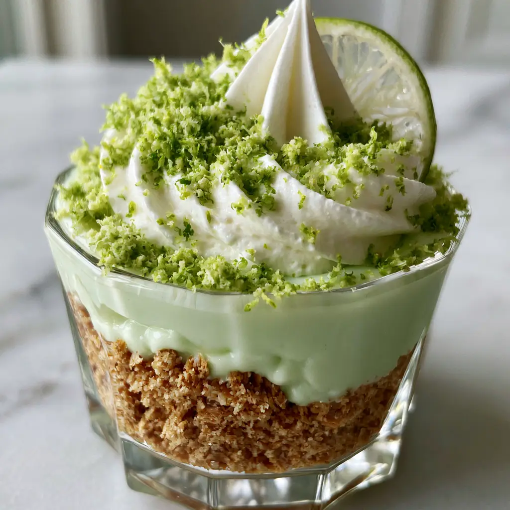Close-up of the stiff peaks on a key lime pie trifle with a dusting of neon-green lime zest and a translucent lime slice.