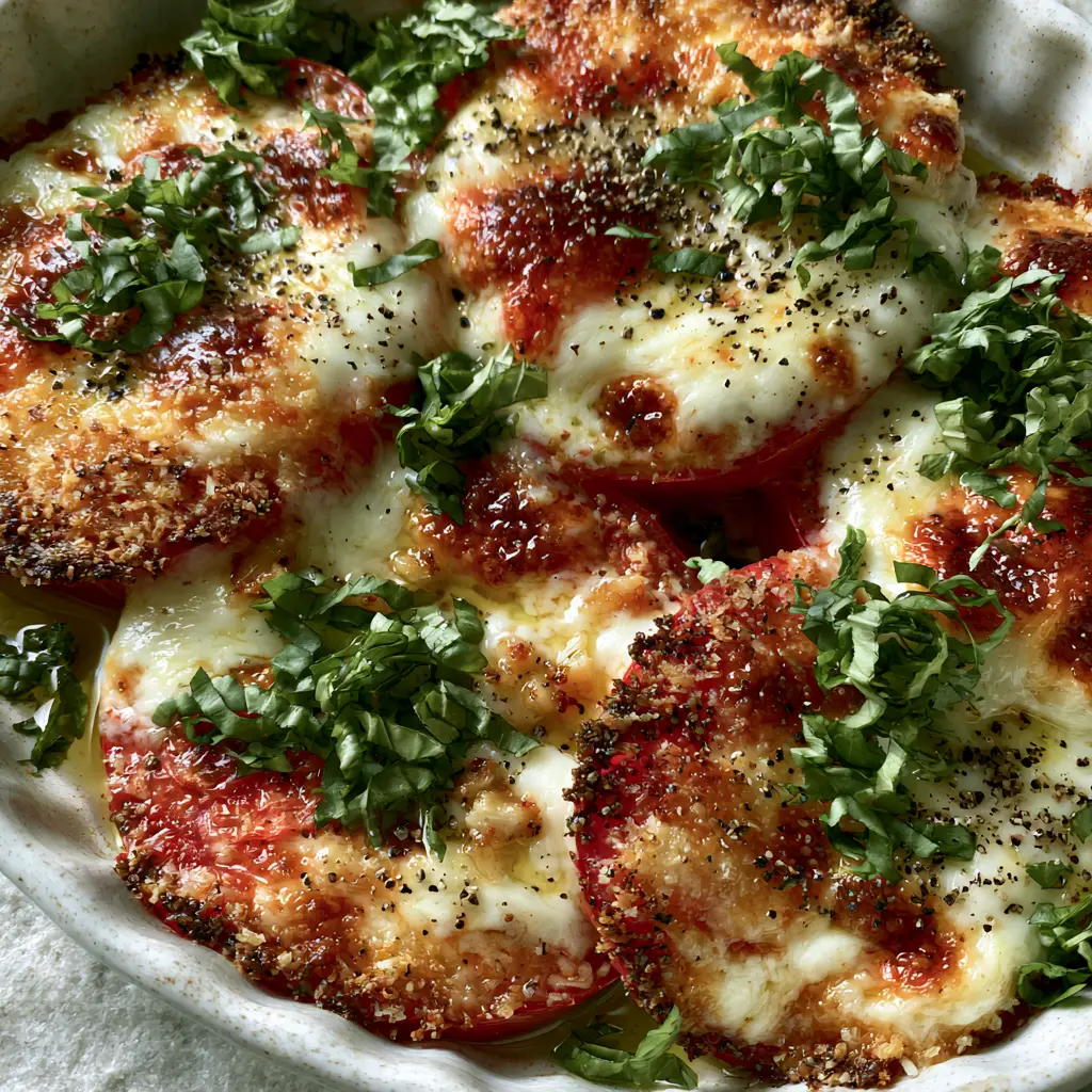 Top-down angled shot of Roma tomatoes glistening with olive oil and topped with melted cheese and fresh basil chiffonade.