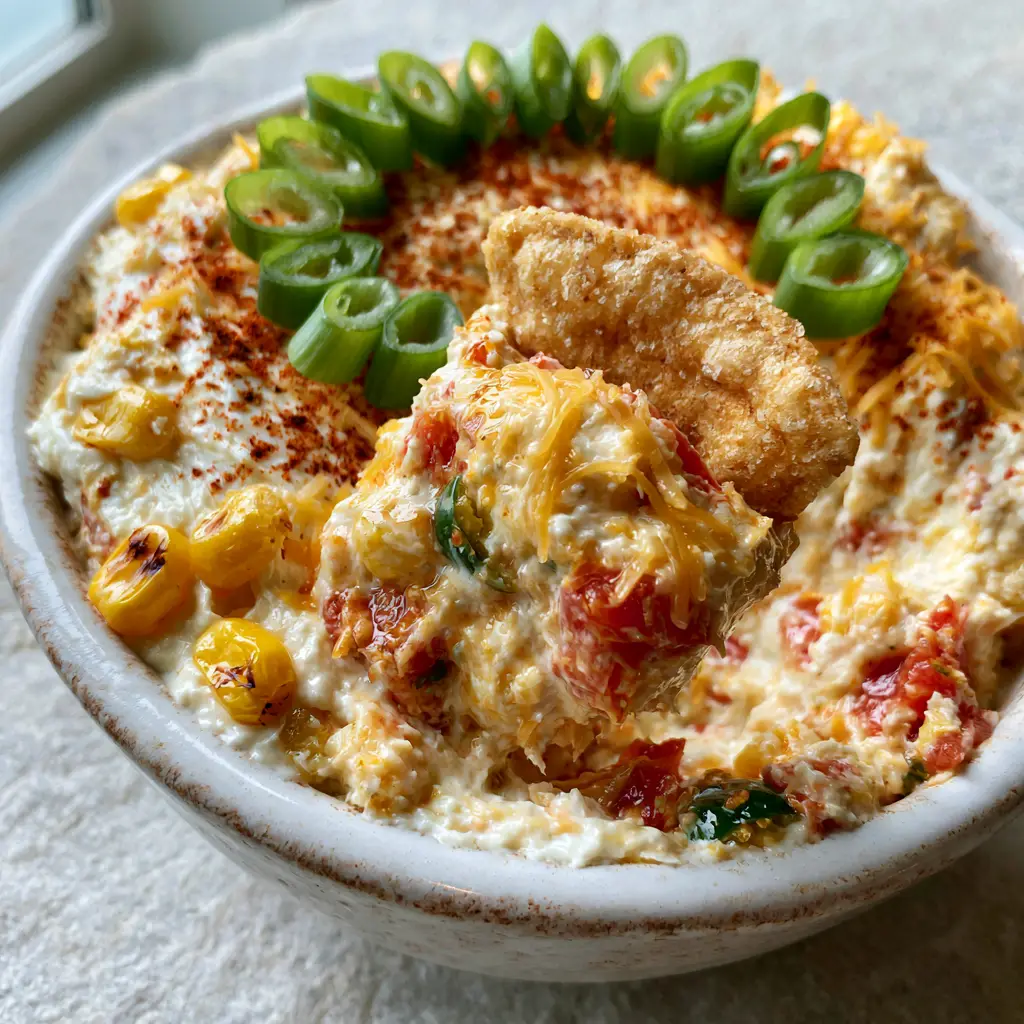 Overhead view of Corn Dip garnished with a circle of scallions and a dusting of smoked paprika on a stone background.