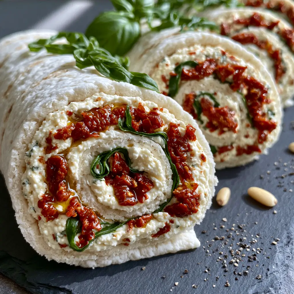 Serrated knife slicing through a sun-dried tomato basil roll-up log on a dark slate background.