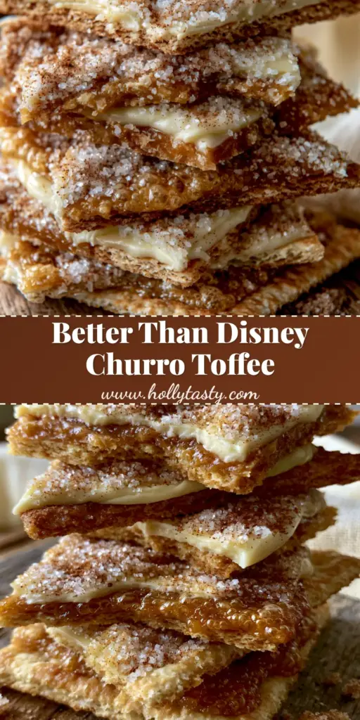 A close-up of a tall stack of Churro Saltine Toffee shards featuring bubbling amber toffee and a thick layer of cinnamon sugar dusted white chocolate.