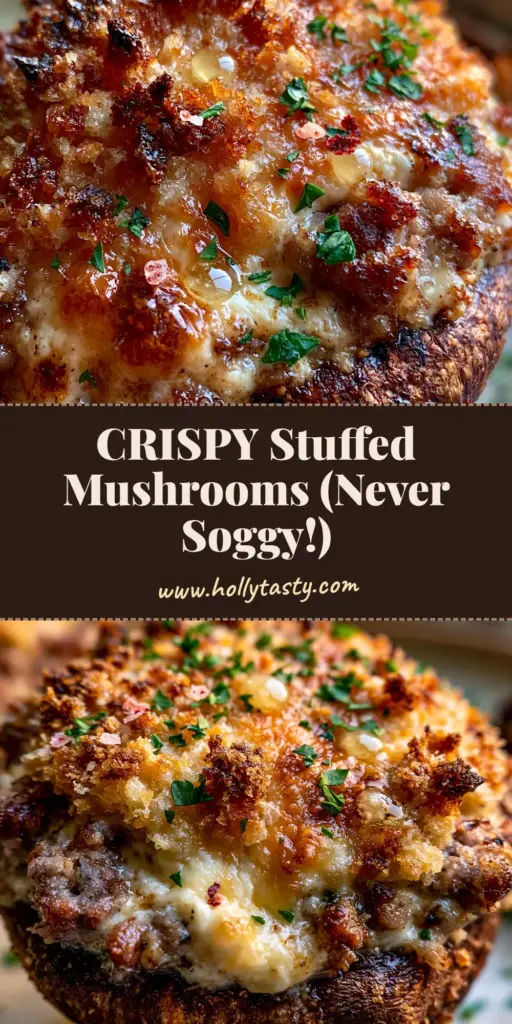 A close-up shot of several golden-brown stuffed mushrooms with a crispy panko topping on a rustic plate. (Stuffed mushrooms recipe)