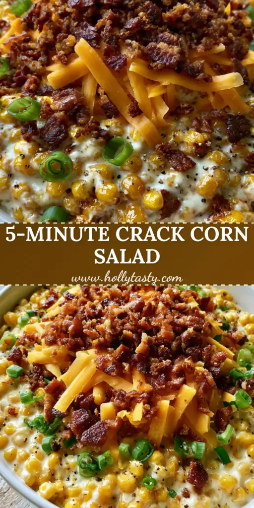 A top-down view of a large white bowl filled with creamy crack corn salad topped with a mountain of crispy bacon, orange cheddar, and green scallions on a rustic wooden table.