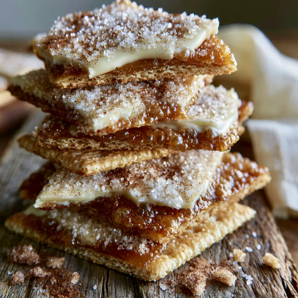 A macro shot of broken Churro Saltine Toffee edges showing the saltine cracker base, golden toffee, and white chocolate layers. (Churro Saltine Toffee)