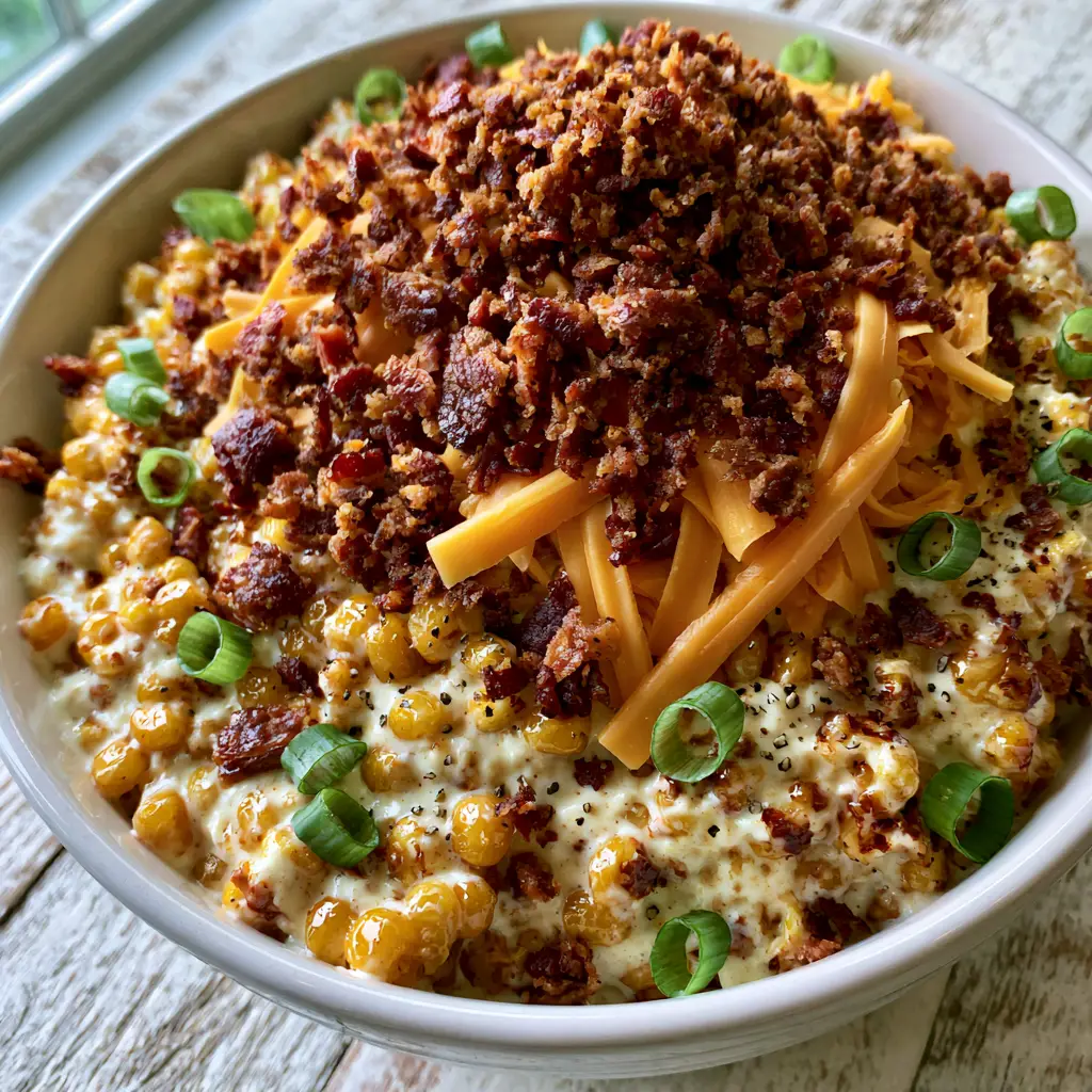 A high-definition close up of glossy crack corn salad kernels coated in white cream sauce with melting orange cheese and crispy bacon bits.