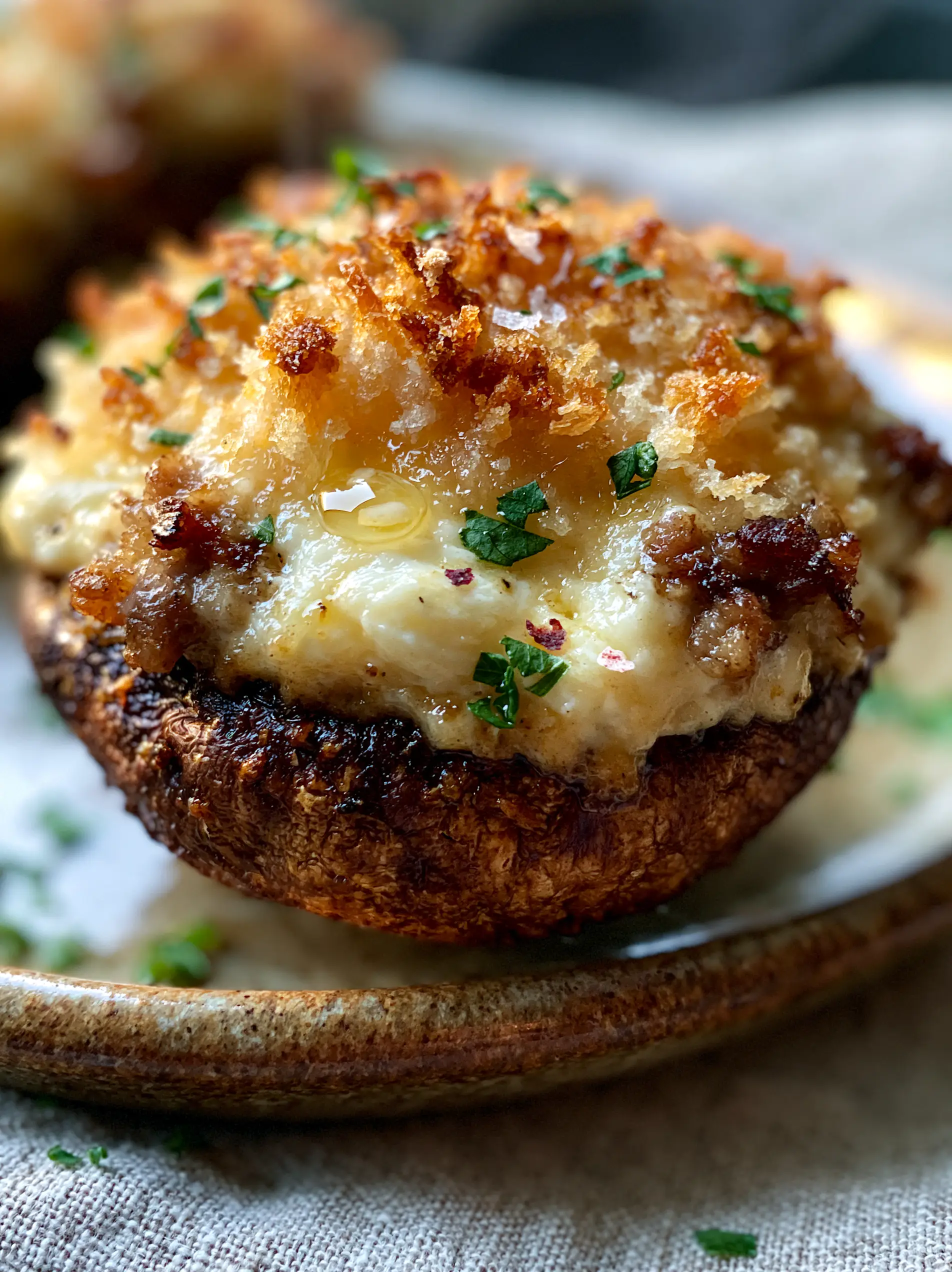 Macro photo of a single golden-brown stuffed mushroom being lifted, showing the bubbling cream cheese filling and crispy panko crust. (Stuffed mushrooms recipe)