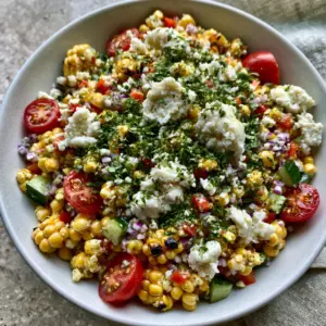 Top-down view of sun-yellow corn kernels with blackened char marks, emerald cucumbers, and red tomatoes in a Corn Salad. (Corn Salad)