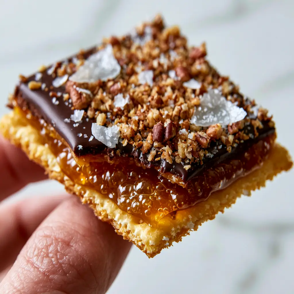 Extreme macro close-up of Caramel Cracker Bites shard showing the clean snap and bubbling amber toffee layer.