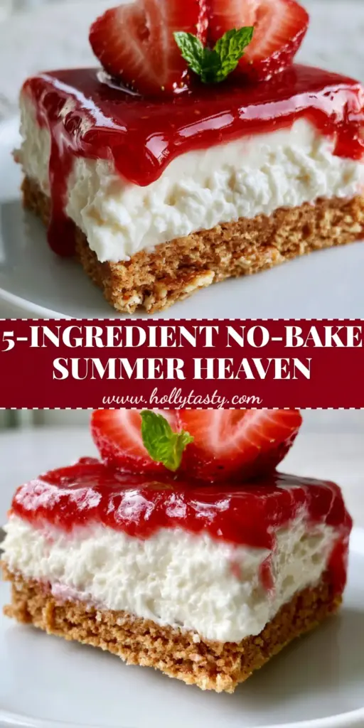 A thick, chilled no-bake strawberry cheesecake bar with a glossy ruby glaze and fresh mint on a white plate. (No-bake summer desserts)