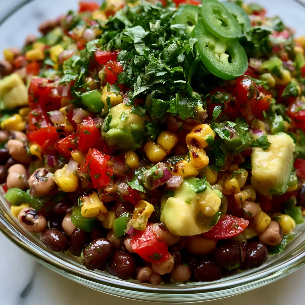 Close up of Cowboy Caviar Dip featuring chunky avocado pieces and thinly sliced jalapeño rings.